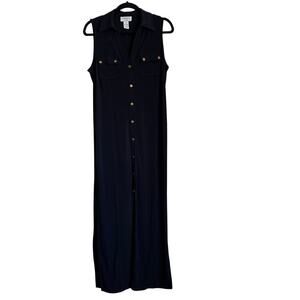 Carmen Marc Valvo Button Down Suit Navy Blue Jersey Maxi Dress Size M
